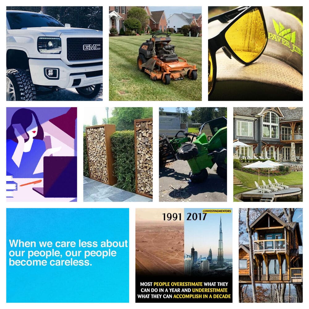 10 Best IG Accounts|10 Instagram Accounts Every Landscaper Needs to Follow|A woodland house shown on World of Carpentry|Arborist Falls showcasing yet another landscaping fail.|Scandi bushcraft knives made by Northmen|A close up shot of a SCAG lawn mower|One of the hundreds of exterior design photographs from Christian Daw.|Five stocks Investing Mentors have highlighted to be worthwhile investments.|Diesel Truck Addicts showcasing the new GMC Denali HD|The hat and glasses of the infamous Paver King|An inspirational message from Simon Sinek|Pretty cool idea for around the patio fire pit