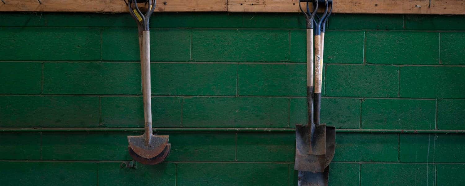 Shovels hanging on a green wall